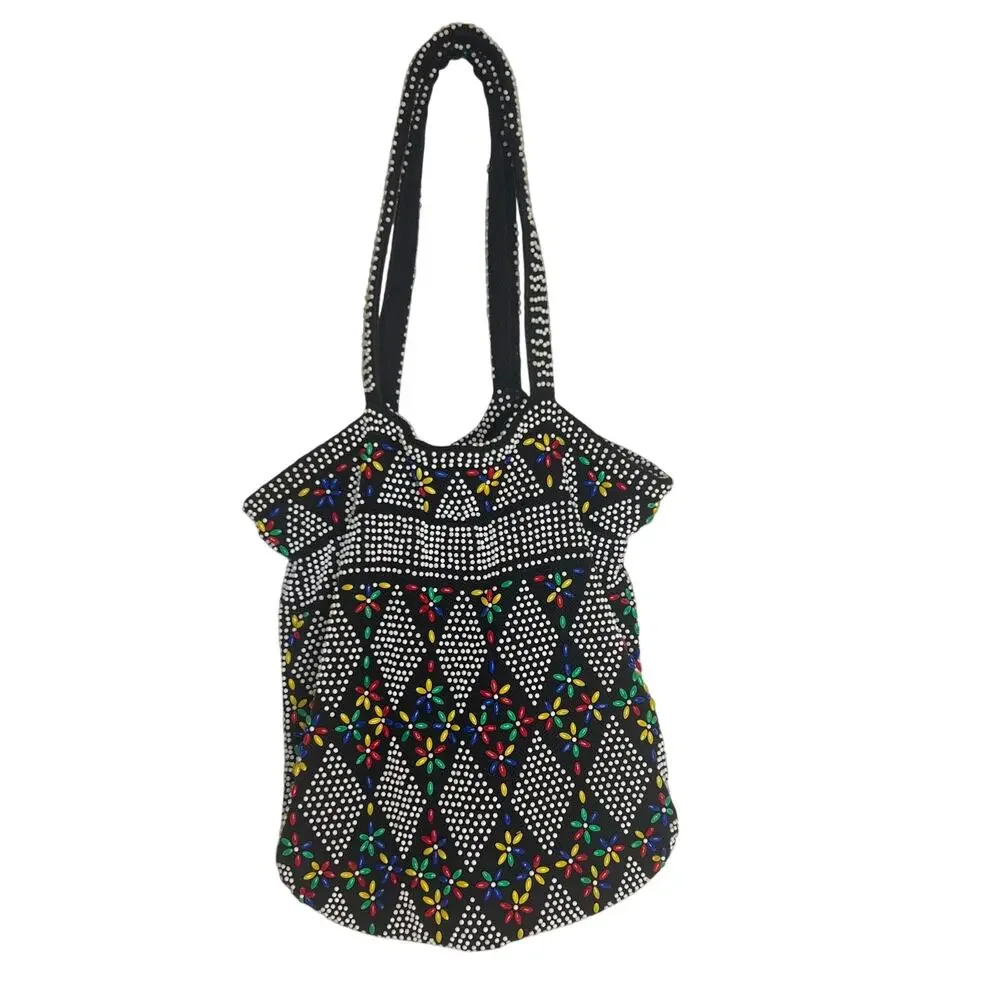 Vintage 70s Candy Dot Drawstring Purse Micro Beaded Mr Jonas Made in Hong Kong